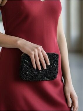 Vintage 60s 70s Hand Beaded Evening Clutch Made in Hong Kong